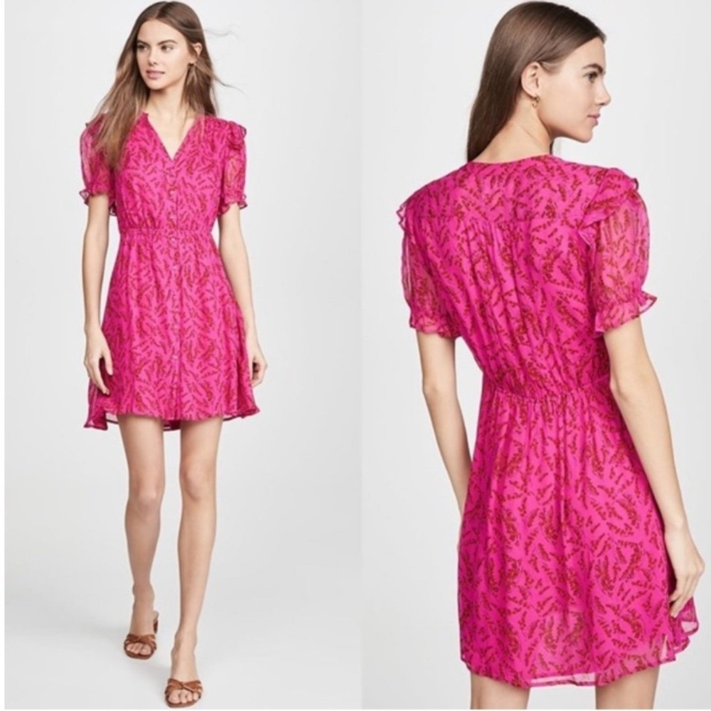ba&sh Matcha Floral Print Mini Dress Ruffle V-Neck Fuchsia Pink Large